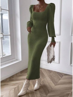 Essnce Square Neck Lantern Sleeve Ribbed Knit Bodycon Sweater Dress