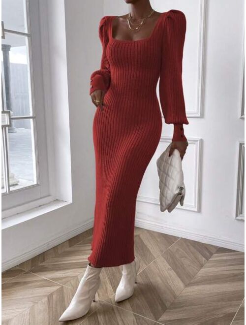 SHEIN Essnce Square Neck Lantern Sleeve Ribbed Knit Bodycon Sweater Dress