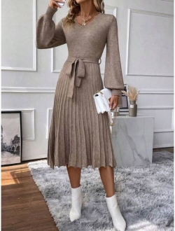 Lantern Sleeve Pleated Hem Belted Sweater Dress