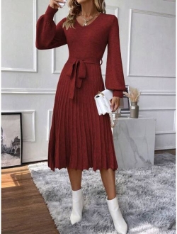 Lantern Sleeve Pleated Hem Belted Sweater Dress