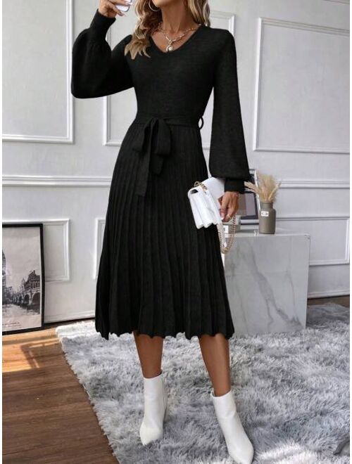 Lantern Sleeve Pleated Hem Belted Sweater Dress