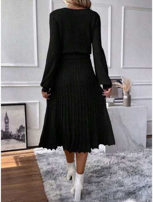 Lantern Sleeve Pleated Hem Belted Sweater Dress