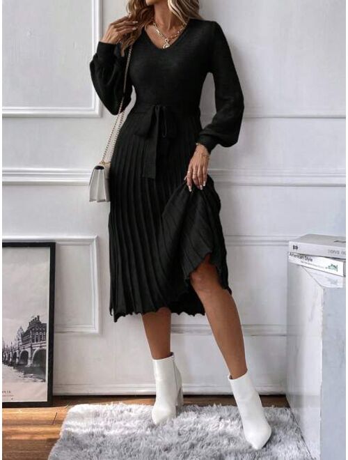 Lantern Sleeve Pleated Hem Belted Sweater Dress