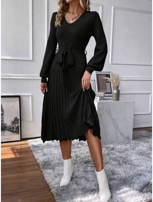 Lantern Sleeve Pleated Hem Belted Sweater Dress