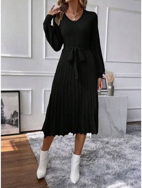 Lantern Sleeve Pleated Hem Belted Sweater Dress