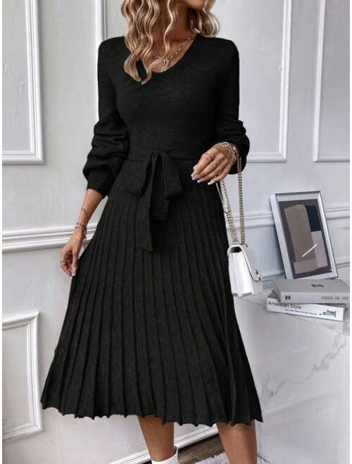 Lantern Sleeve Pleated Hem Belted Sweater Dress