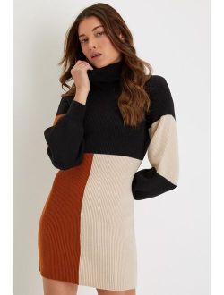 Mod For You Black Color Block Turtleneck Mini Sweater Dress