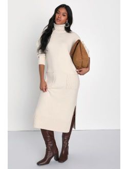 Cozy Dedication Cream Long Sleeve Turtleneck Midi Sweater Dress