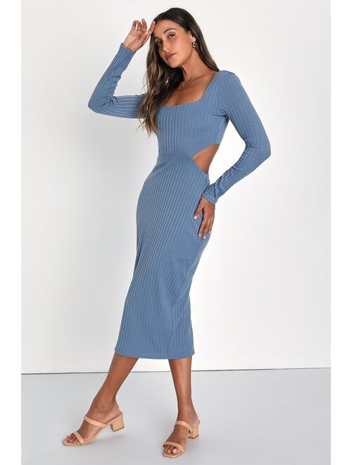 Lulus Effortless Appeal Blue Ribbed Knit Cutout Bodycon Midi Dress