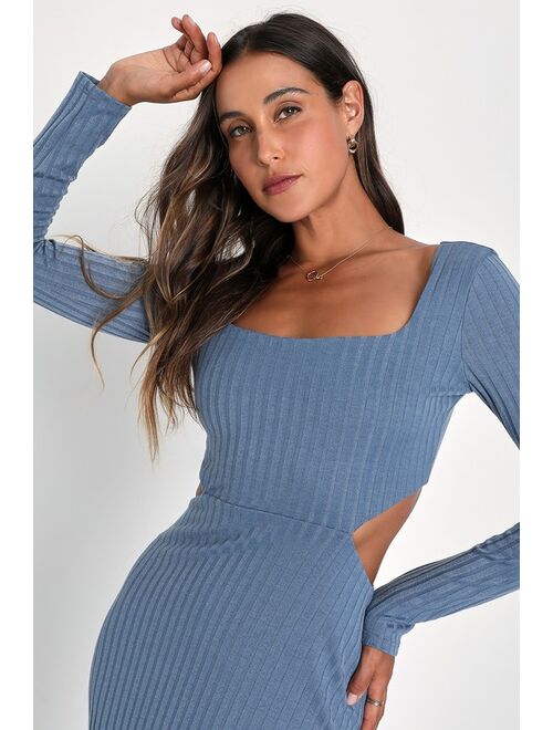 Lulus Effortless Appeal Blue Ribbed Knit Cutout Bodycon Midi Dress