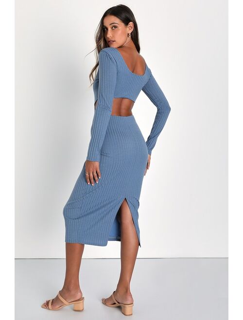 Lulus Effortless Appeal Blue Ribbed Knit Cutout Bodycon Midi Dress