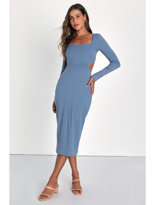 Lulus Effortless Appeal Blue Ribbed Knit Cutout Bodycon Midi Dress