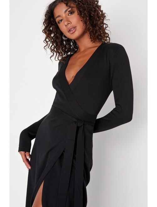 Lulus Literary Lover Black Midi Wrap Sweater Dress