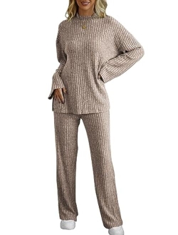 Kikibell Women's 2 Piece Outfits Oversized Slouchy Matching Lounge Sets Cozy Knit Loungewear Pjs Sweater Sets Sleepwear