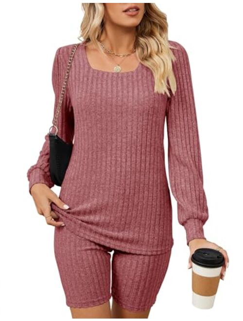 LUYAA Womens Pajama Sets Ribbed Knit Lounge Sets for Women 2 Piece Square Neck Long Sleeve Biker Shorts Outfits