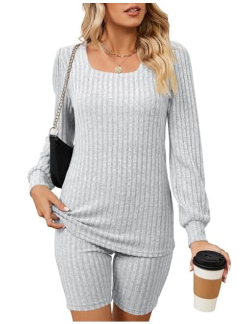 LUYAA Womens Pajama Sets Ribbed Knit Lounge Sets for Women 2 Piece Square Neck Long Sleeve Biker Shorts Outfits