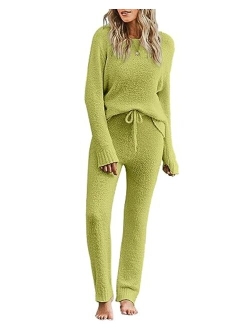 luvamia Women's Casual Pajama Set Fuzzy Fleece Knitted Long Sleeve Pj Loungewear