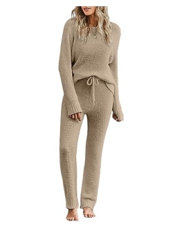 luvamia Women's Casual Pajama Set Fuzzy Fleece Knitted Long Sleeve Pj Loungewear