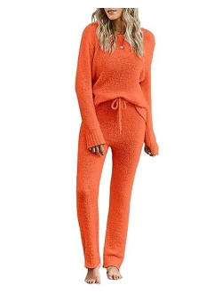 luvamia Women's Casual Pajama Set Fuzzy Fleece Knitted Long Sleeve Pj Loungewear