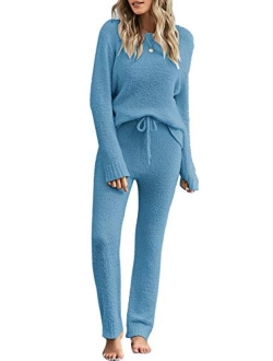 luvamia Women's Casual Pajama Set Fuzzy Fleece Knitted Long Sleeve Pj Loungewear