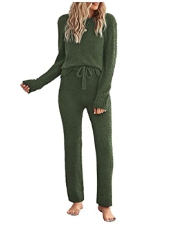 luvamia Women's Casual Pajama Set Fuzzy Fleece Knitted Long Sleeve Pj Loungewear