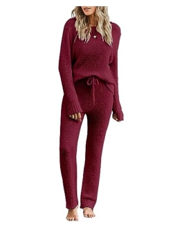 luvamia Women's Casual Pajama Set Fuzzy Fleece Knitted Long Sleeve Pj Loungewear