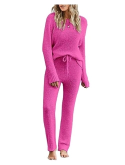 luvamia Women's Casual Pajama Set Fuzzy Fleece Knitted Long Sleeve Pj Loungewear