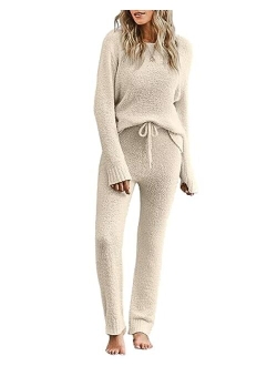 luvamia Women's Casual Pajama Set Fuzzy Fleece Knitted Long Sleeve Pj Loungewear