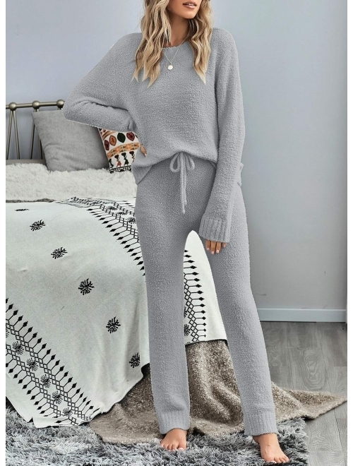 luvamia Women's Casual Pajama Set Fuzzy Fleece Knitted Long Sleeve Pj Loungewear