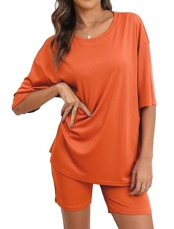 BEKOFO Women's Lounge Sets Pajamas Ribbed Knit Short Sleeve 2 Pieces Tshirt Bike Shorts Loungewear Outfits