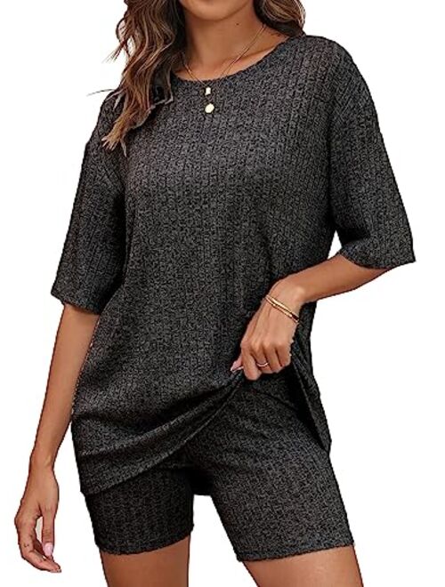 BEKOFO Women's Lounge Sets Pajamas Ribbed Knit Short Sleeve 2 Pieces Tshirt Bike Shorts Loungewear Outfits