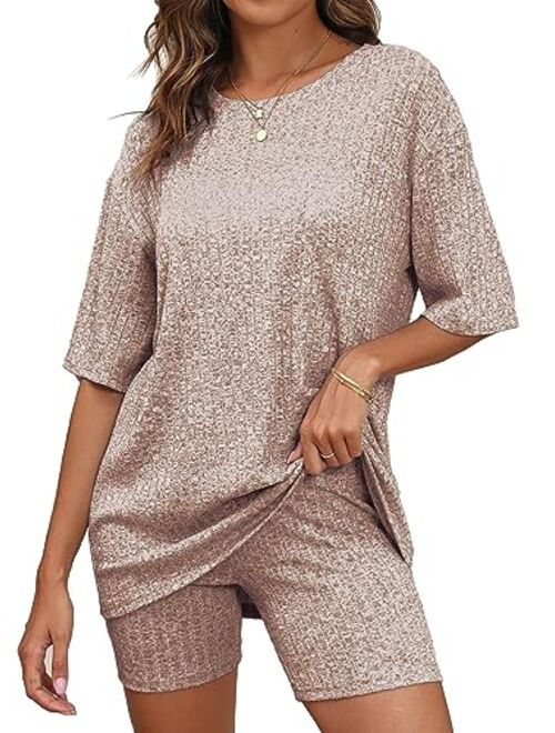 BEKOFO Women's Lounge Sets Pajamas Ribbed Knit Short Sleeve 2 Pieces Tshirt Bike Shorts Loungewear Outfits