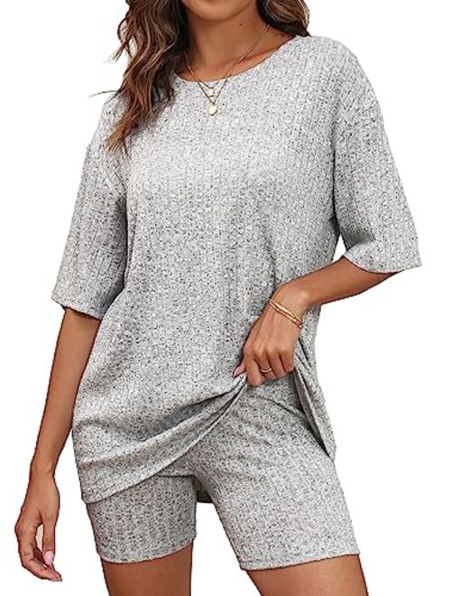 BEKOFO Women's Lounge Sets Pajamas Ribbed Knit Short Sleeve 2 Pieces Tshirt Bike Shorts Loungewear Outfits