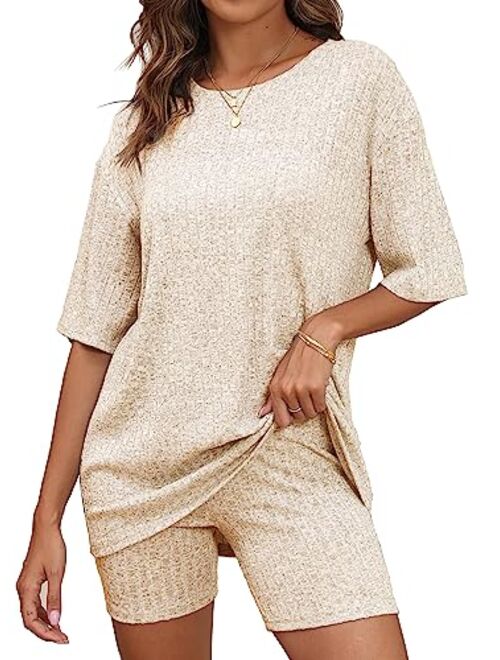 BEKOFO Women's Lounge Sets Pajamas Ribbed Knit Short Sleeve 2 Pieces Tshirt Bike Shorts Loungewear Outfits