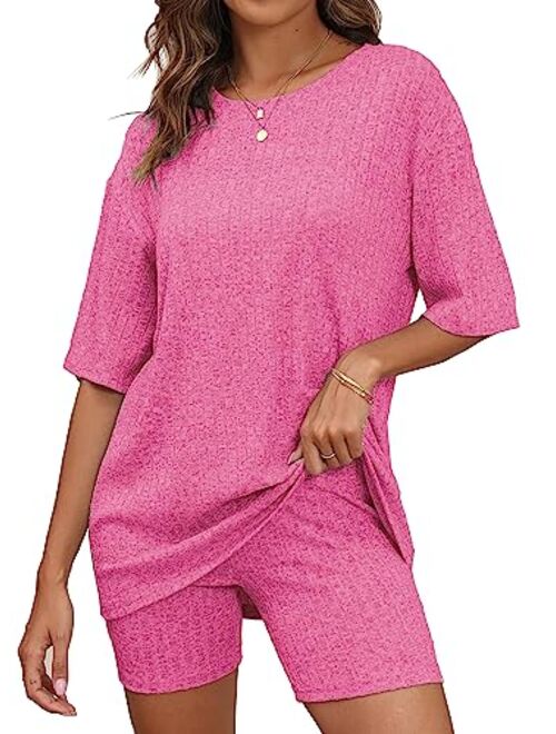 BEKOFO Women's Lounge Sets Pajamas Ribbed Knit Short Sleeve 2 Pieces Tshirt Bike Shorts Loungewear Outfits