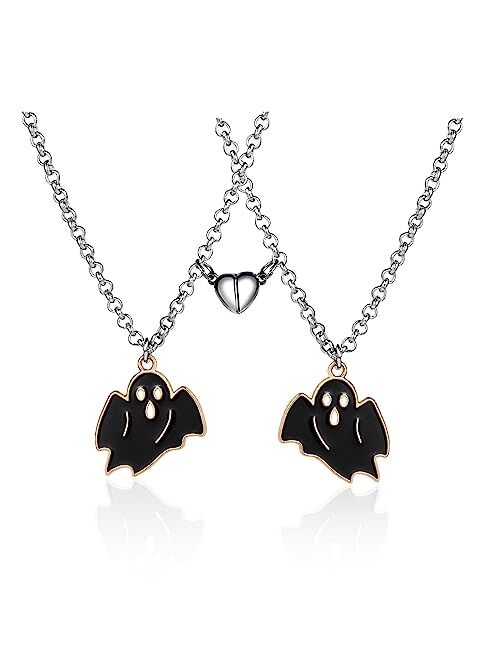 Caiyao 2Pcs Lovely Magnetic Love Heart Ghost Pendant Necklace Set for Women Men Best Friend Girl Boy Teen Enamel Mutual Attract Magnet Couple Matching Necklace Halloween 