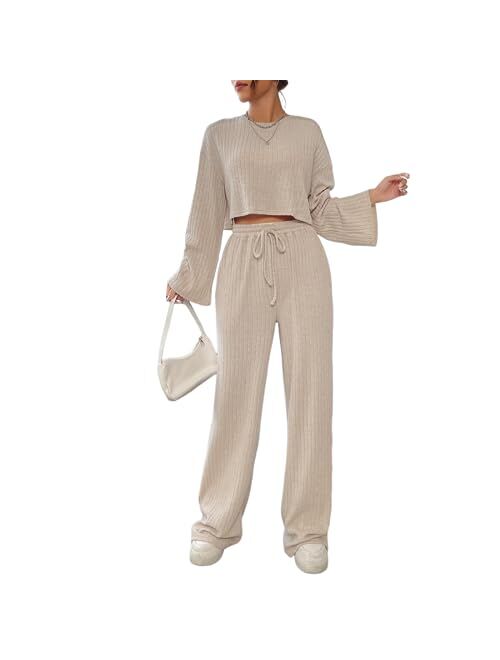 GORGLITTER Women's 2 Piece Rib Knit Outfits Drop Shoulder Crop Tee Drawstring Waist Pants Set