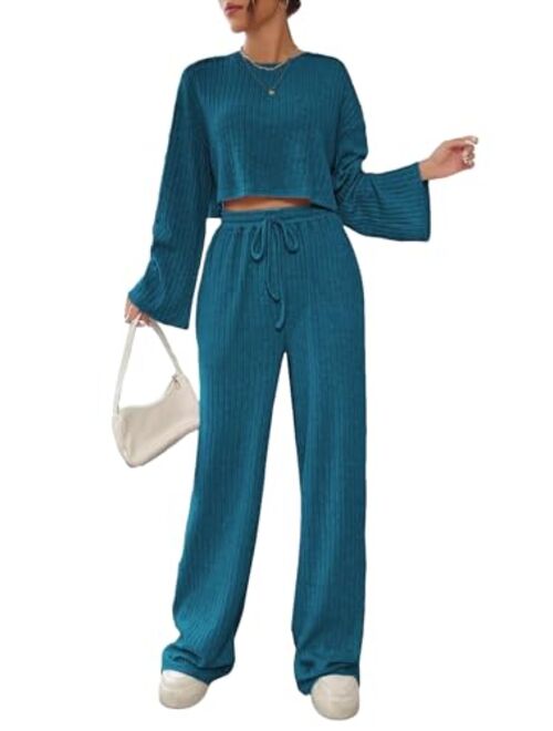 GORGLITTER Women's 2 Piece Rib Knit Outfits Drop Shoulder Crop Tee Drawstring Waist Pants Set