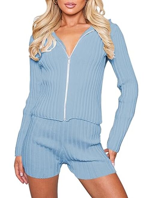 Pink Queen Women's 2 Piece Outfit Long Sleeve Zipper Hoodie Top and Shorts Knit Sweater Lounge Set Track Suit