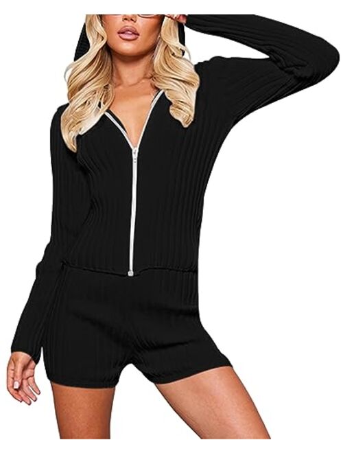 Pink Queen Women's 2 Piece Outfit Long Sleeve Zipper Hoodie Top and Shorts Knit Sweater Lounge Set Track Suit