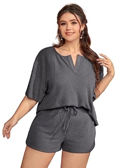 Women's Plus Size Waffle Knit Short Sleeve Top and Shorts Pajama Set Sleepwear