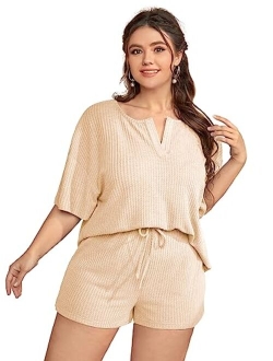 Women's Plus Size Waffle Knit Short Sleeve Top and Shorts Pajama Set Sleepwear