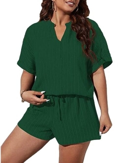 Women's Plus Size Waffle Knit Short Sleeve Top and Shorts Pajama Set Sleepwear