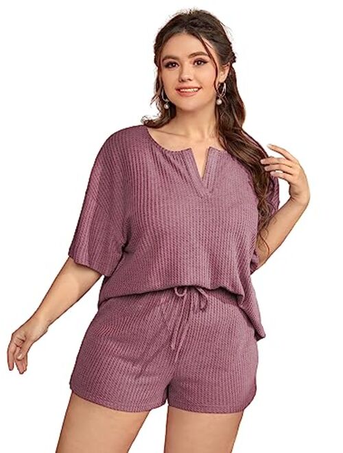 SOLY HUX Women's Plus Size Waffle Knit Short Sleeve Top and Shorts Pajama Set Sleepwear