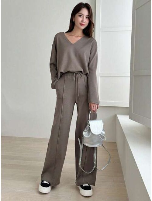 DAZY Drop Shoulder Sweater & Drawstring Waist Knit Pants