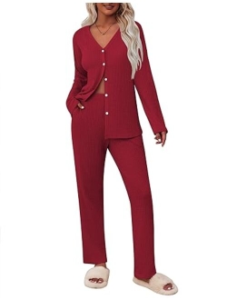 Womens Waffle Knit Pajamas Long Sleeve Lounge Set Button-Down Pjs Loungewear with Pockets