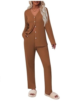 Womens Waffle Knit Pajamas Long Sleeve Lounge Set Button-Down Pjs Loungewear with Pockets