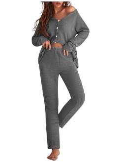 Womens Waffle Knit Pajamas Long Sleeve Lounge Set Button-Down Pjs Loungewear with Pockets