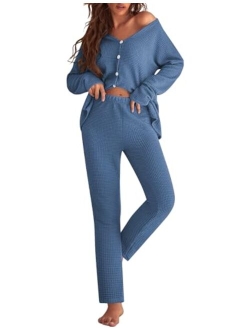 Womens Waffle Knit Pajamas Long Sleeve Lounge Set Button-Down Pjs Loungewear with Pockets