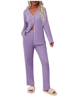 Womens Waffle Knit Pajamas Long Sleeve Lounge Set Button-Down Pjs Loungewear with Pockets